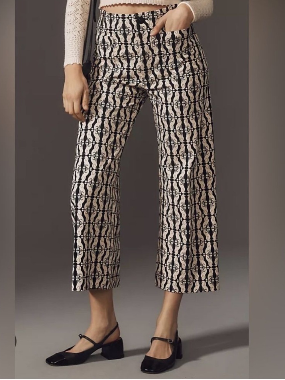 Anthropologie Maeve Colette Ditsy Dog Poodle Print Wide Leg Pants Cream Black 27